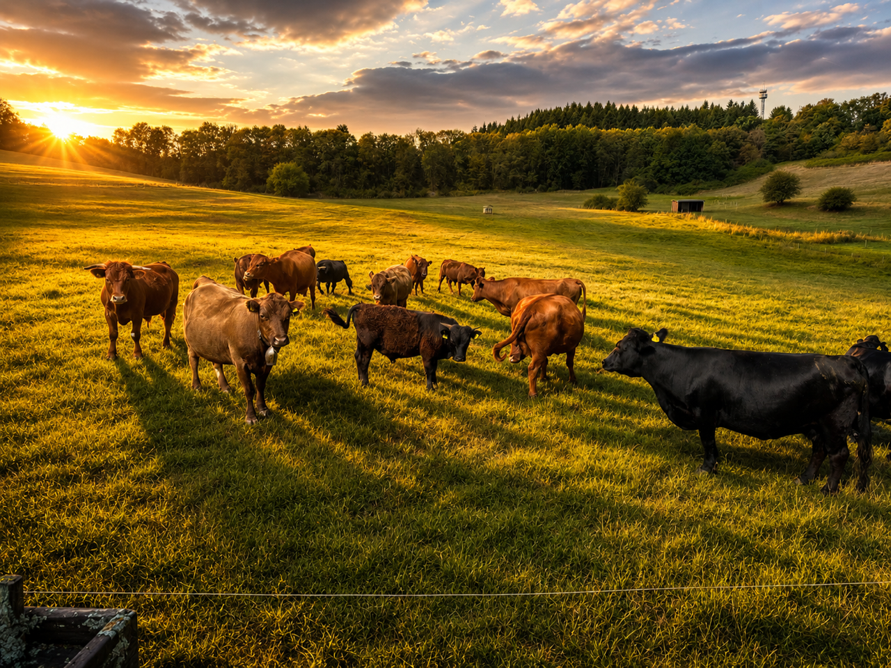 Rinderherde auf der Weide im Abendlicht